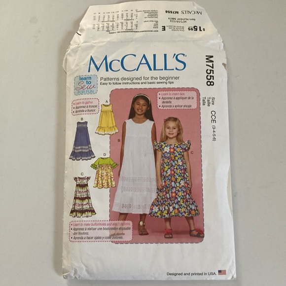 McCall's Girls sleeveless s/s dress Pattern M7558 3 4 5 6 uncut new - Picture 1 of 7